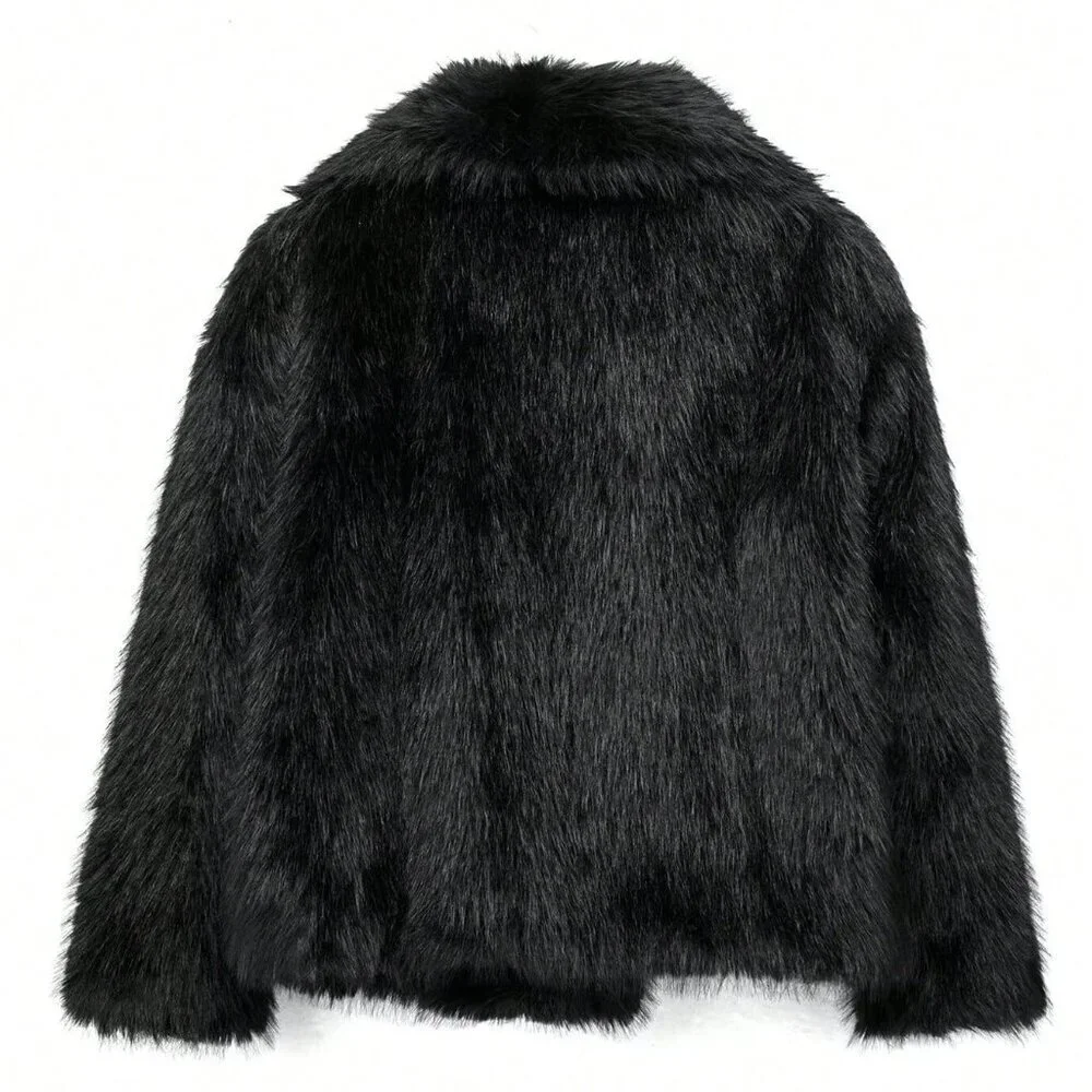 Black Preppy Women's Casual Luxury Faux Fur Coat - Picture 7 of 7